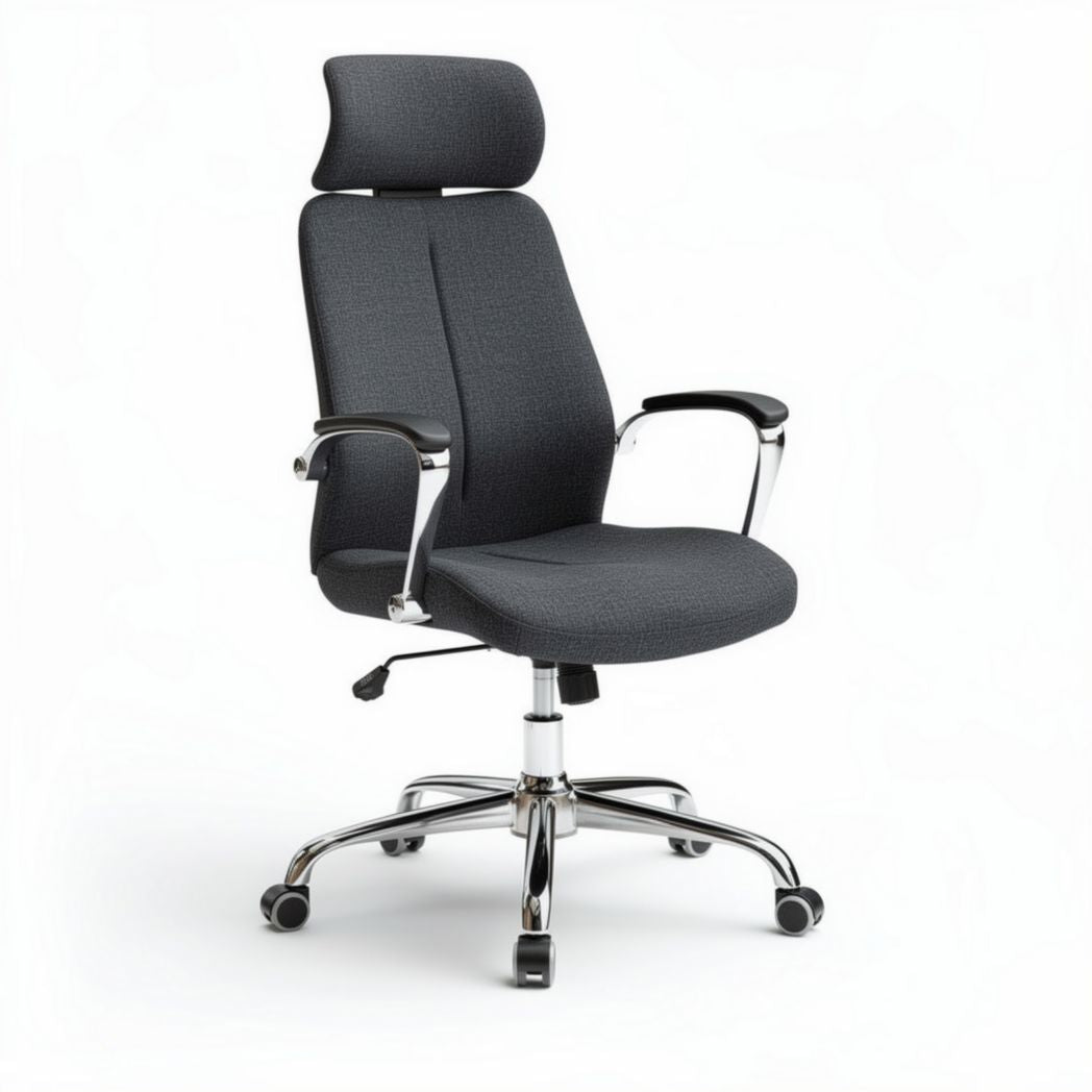 Ergonomic office chair with adjustable headrest and chrome base in black fabric