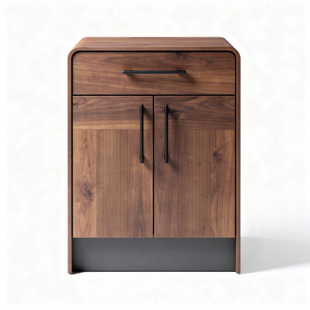 Rustic walnut wood nightstand with two drawers and modern metal accents
