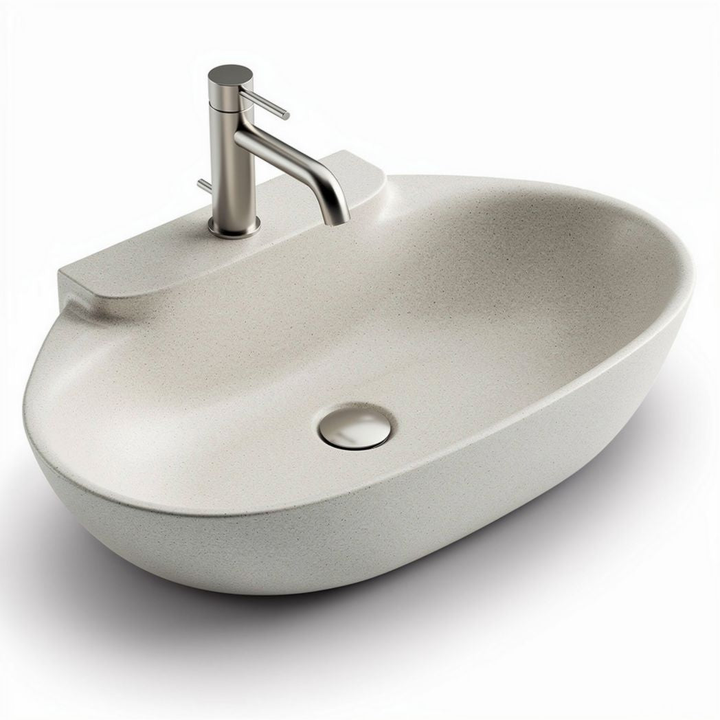 Stone resin oval vessel sink with matte finish and brushed nickel faucet