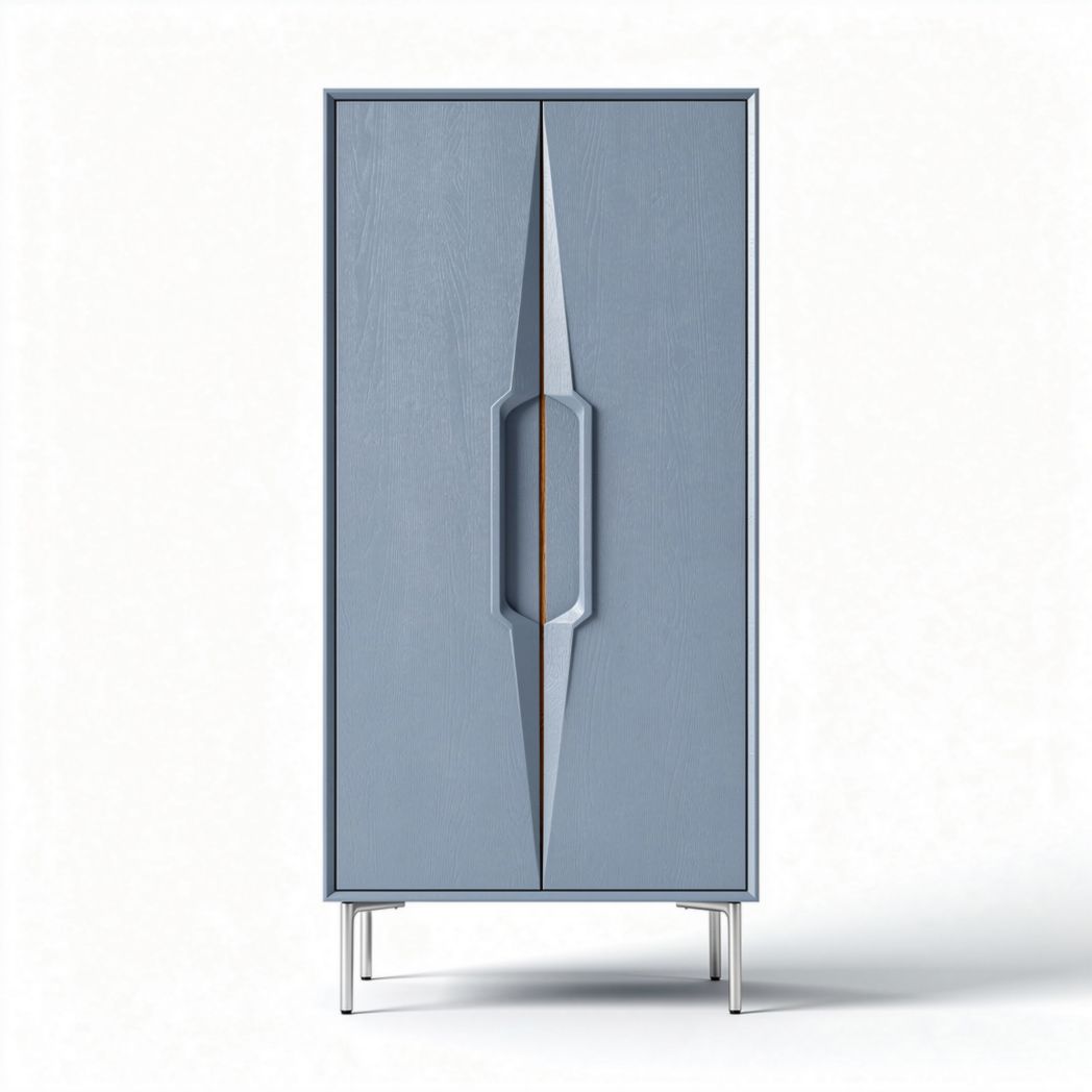 Blue modern storage cabinet with wooden finish and metal legs 80 x 40 x 150cm