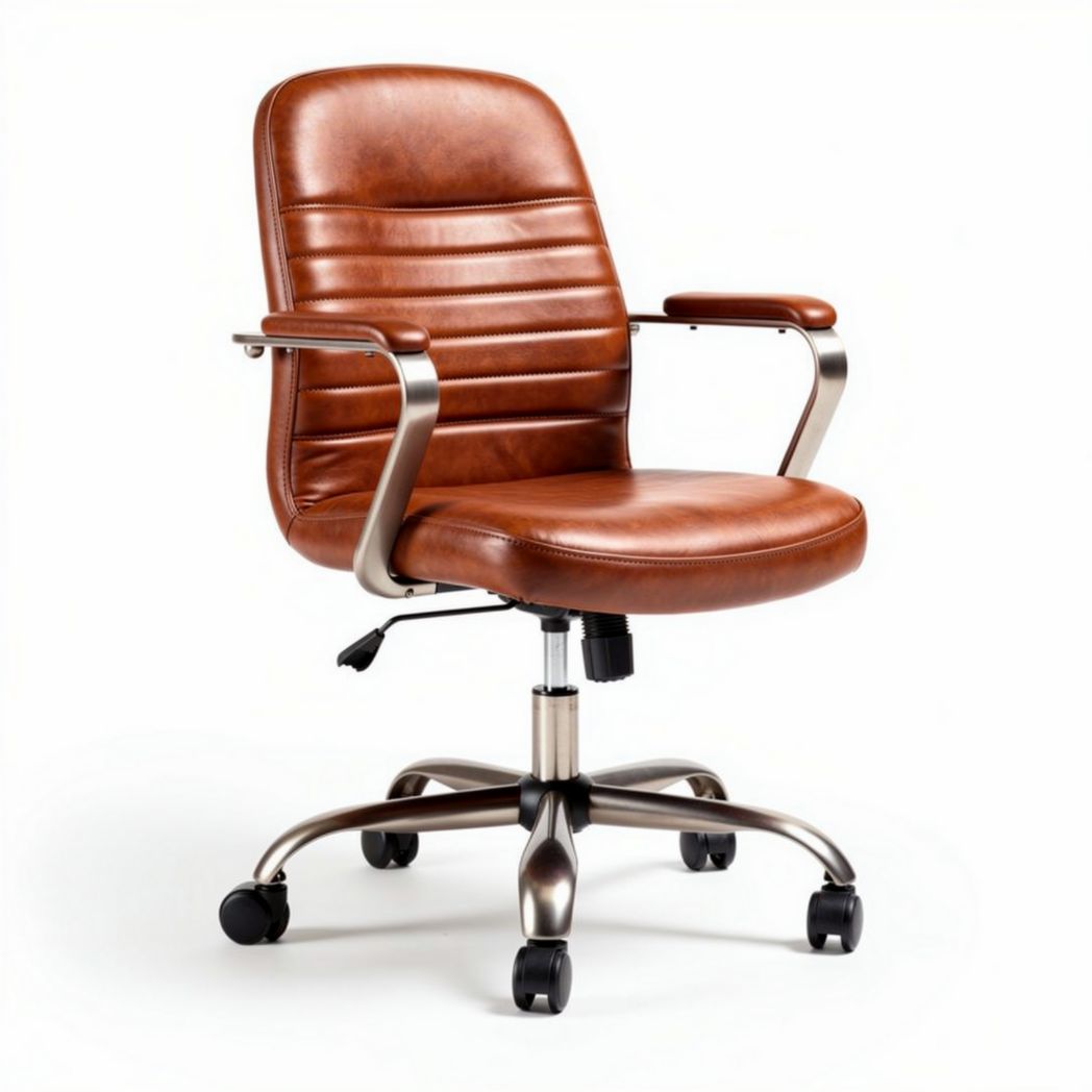 Brown leather office chair with adjustable height and rolling wheels 55 x 60 x 95cm