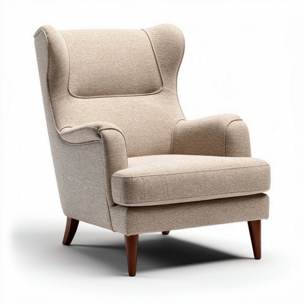 Upholstered wingback chair in beige fabric with wooden legs 80 x 85 x 100cm
