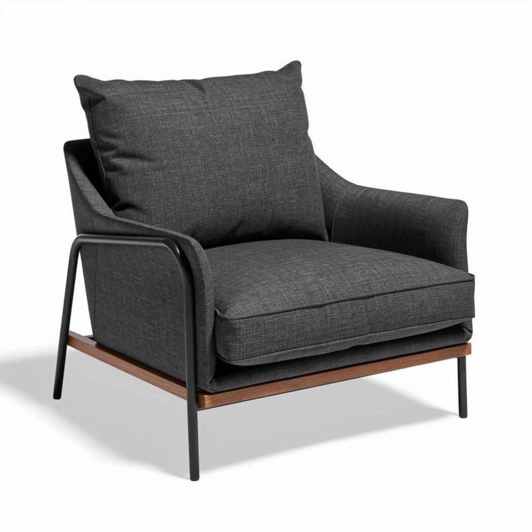 Modern accent chair with removable cushion in charcoal fabric and wood base